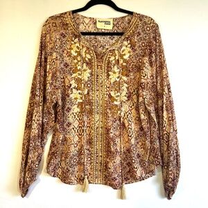 Savanna Jane Embroidered Boho Tunic Shirt Brown Tan Floral Western Size Small